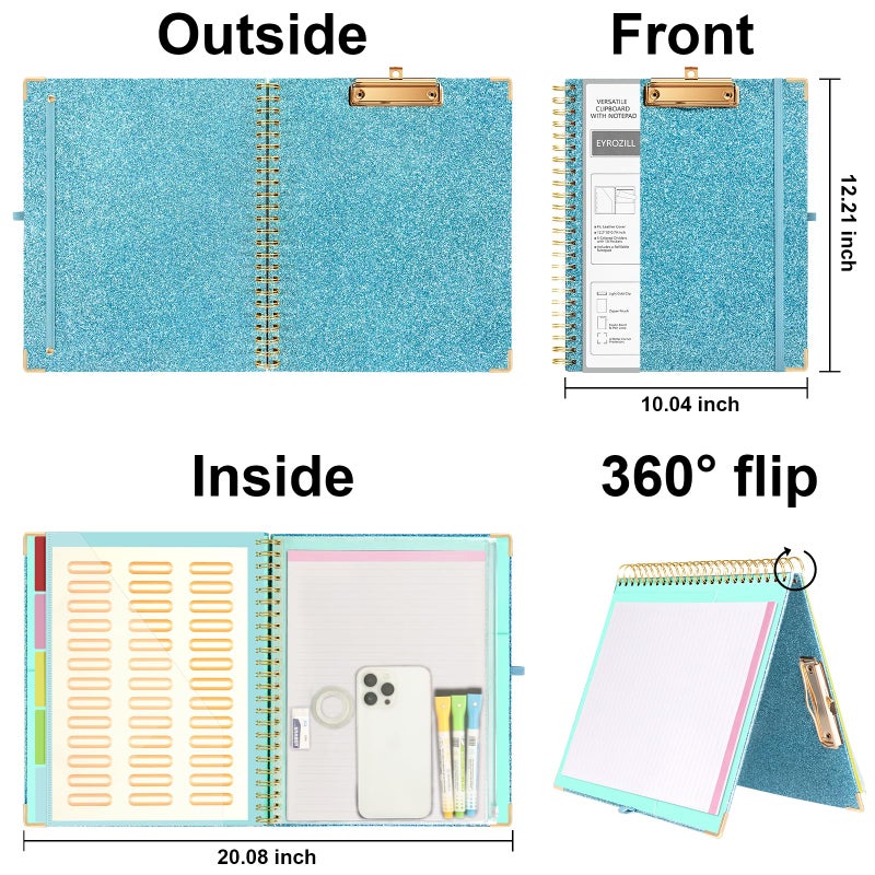 EYROZILL Clipboard Folio with Storage Pocket Refillable Lined Notepad Spiral Clipboards Blue - Image 2